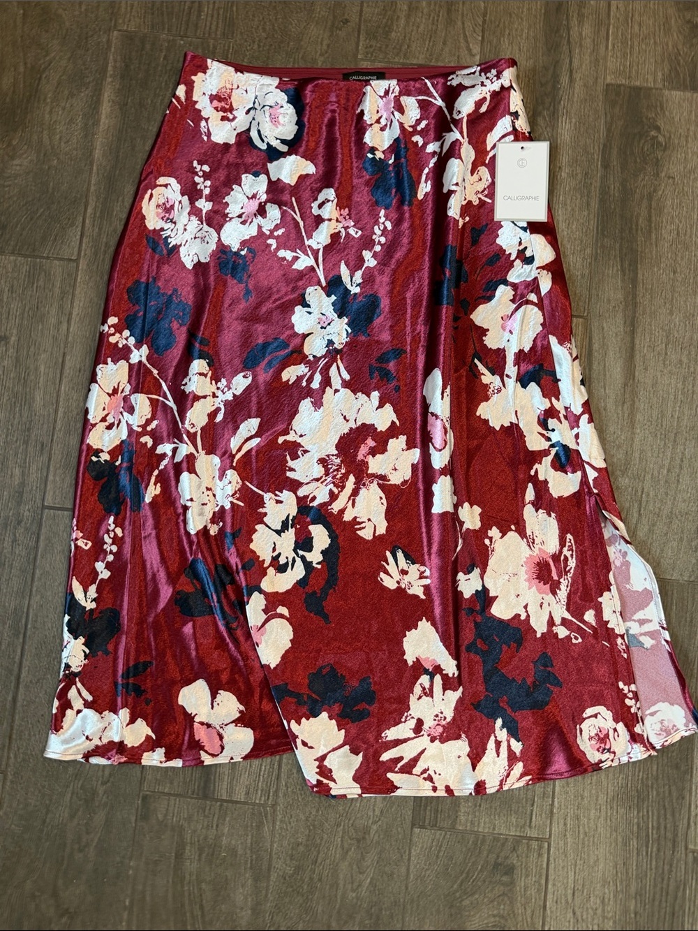 Calligraphie Satin Floral Slip Midi Skirt rich burgundy-red and cream floral NWT